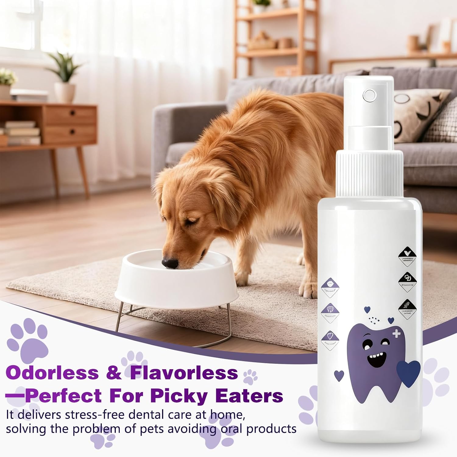 Odorless and flavorless pet dental liquid being added to a pet dog water bowl.