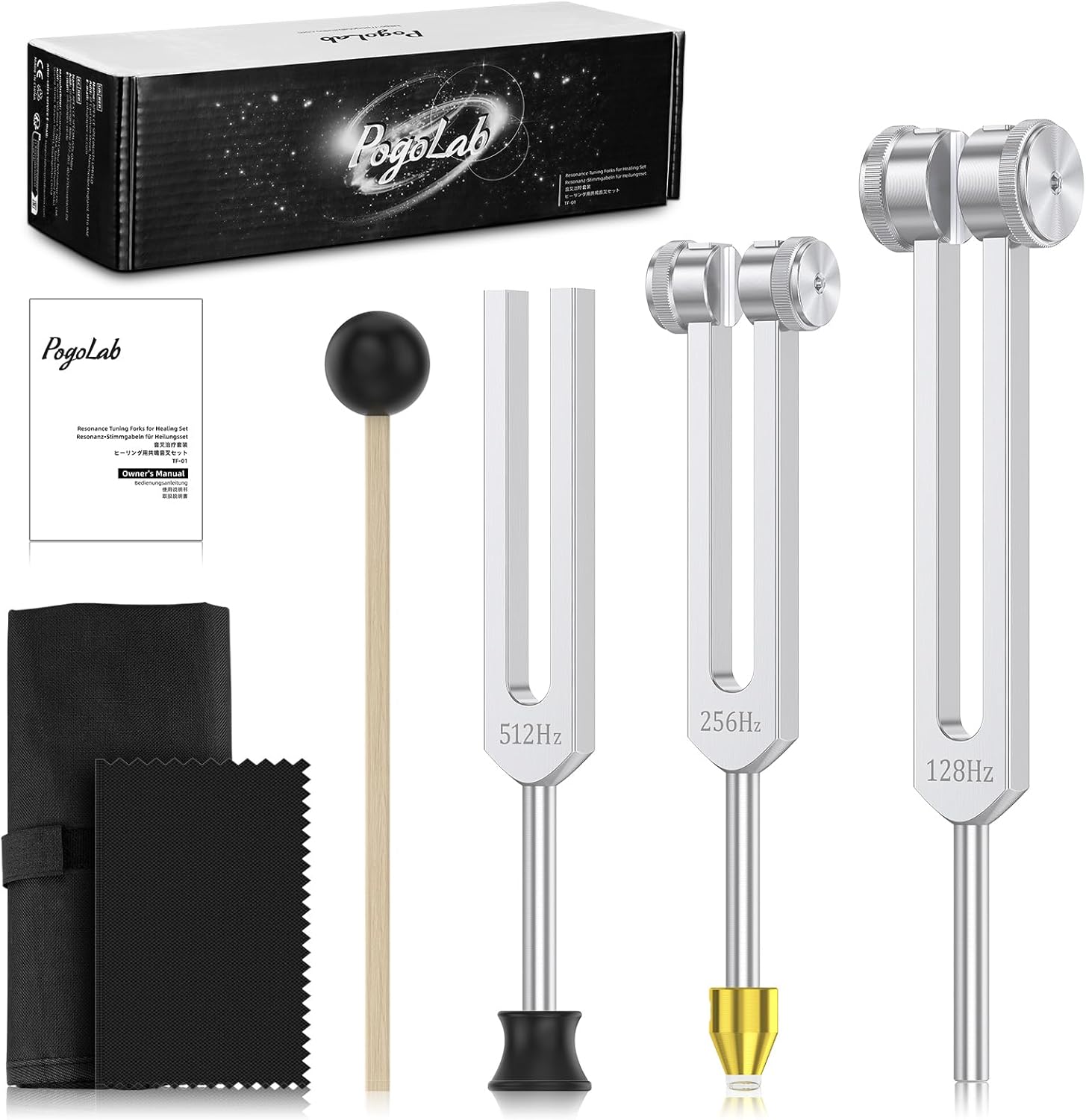 POGOLAB tuning forks healing set front view displaying three aluminum forks mallet and crystal base