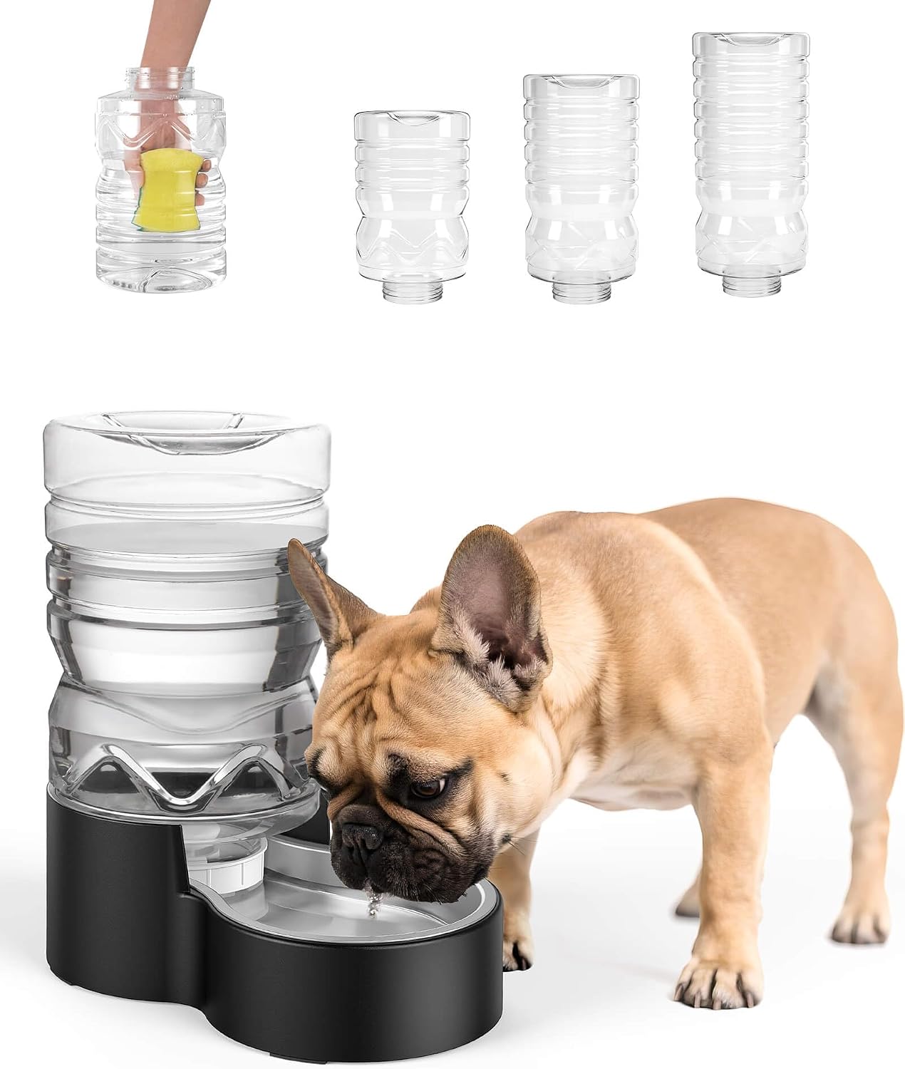 Side profile of the assembled Heouvo automatic dog water dispenser highlighting the compact design.