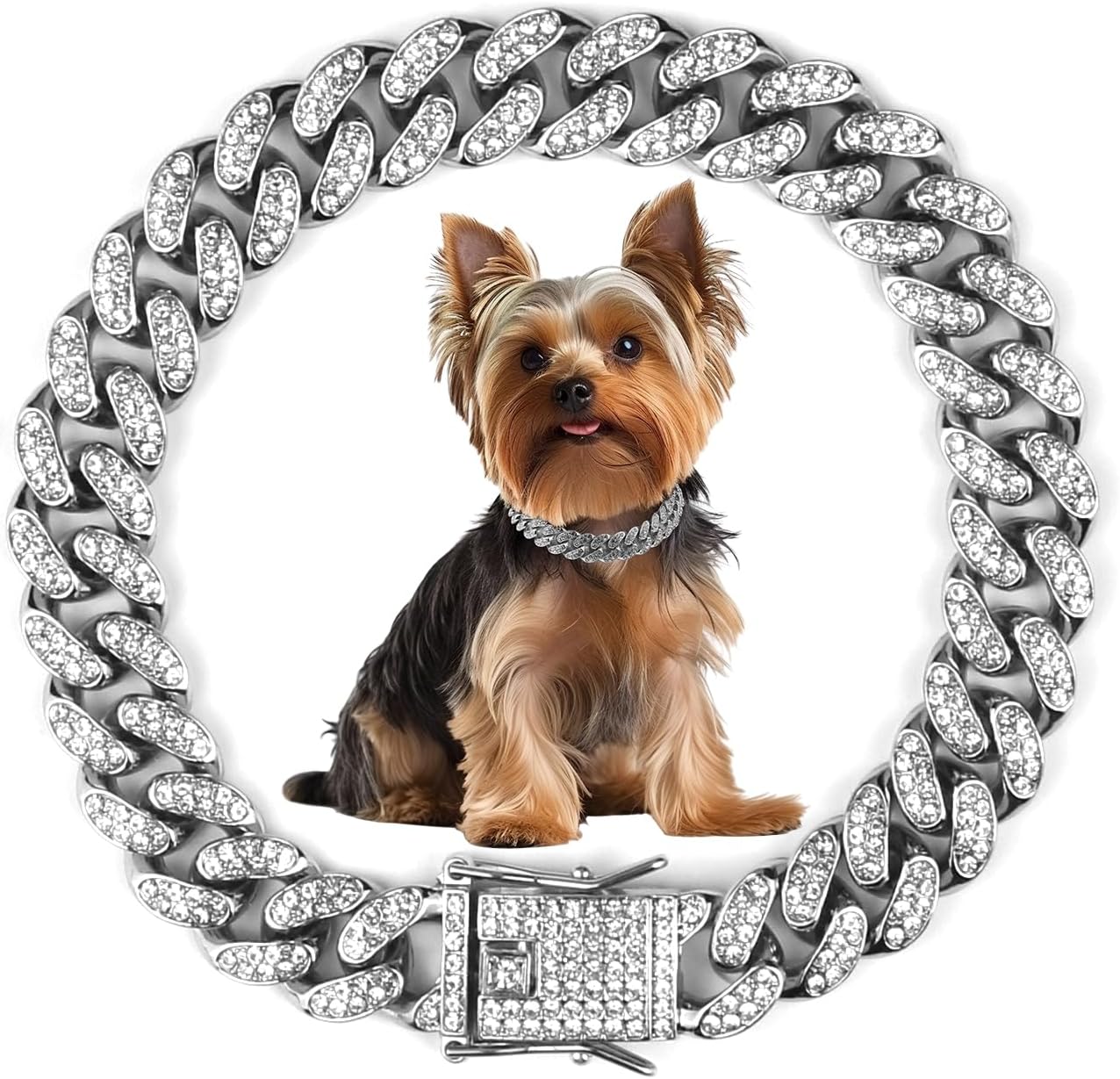 Cuban Dog Chain Collars, Silver Crystal Pet Necklace, Metal Pet Necklace with Safety Buckle Lock, for Small Medium Large Dogs Cats (12 Inch) - Image 14