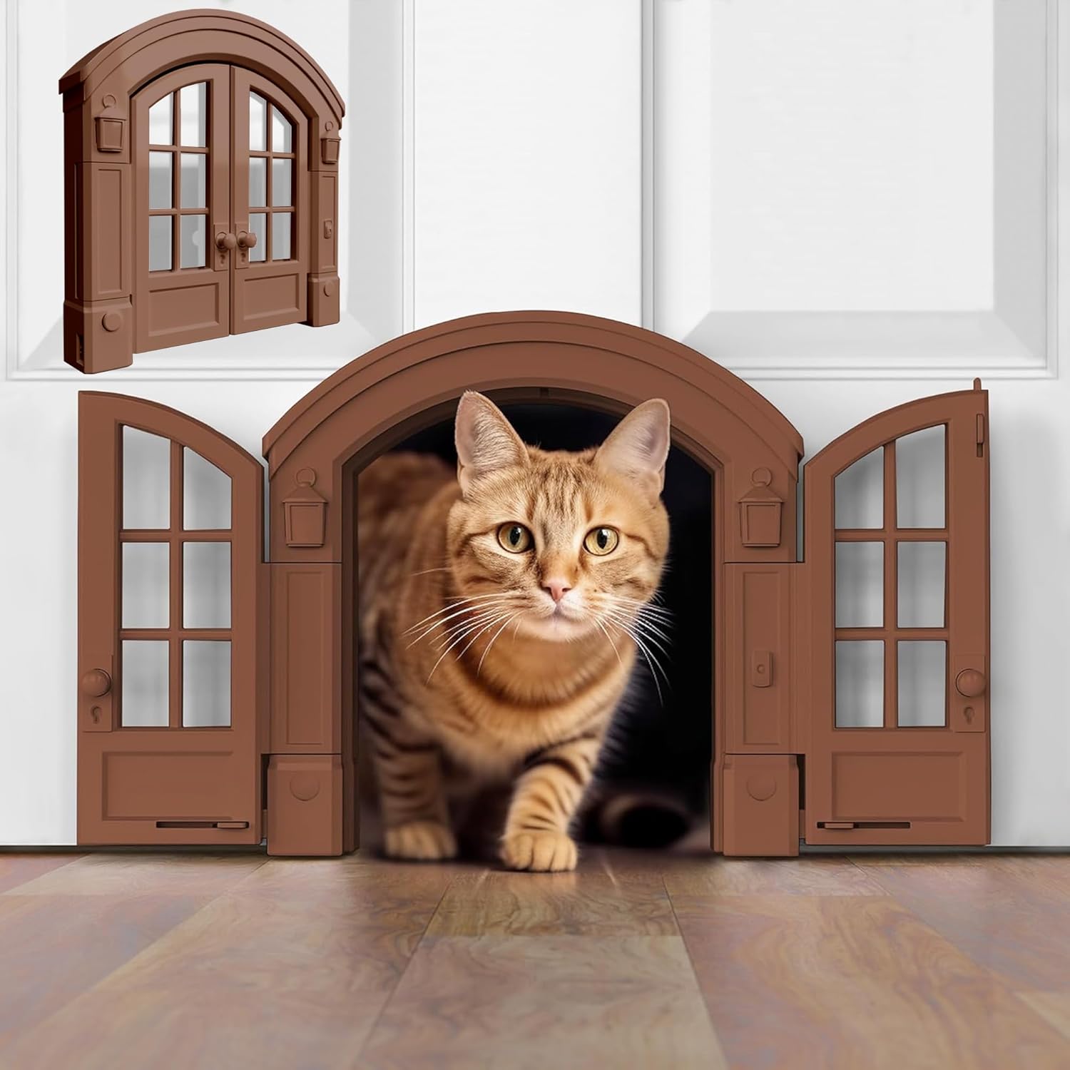 Purrfect Portal modern cat portal package contents including screws and alignment template.