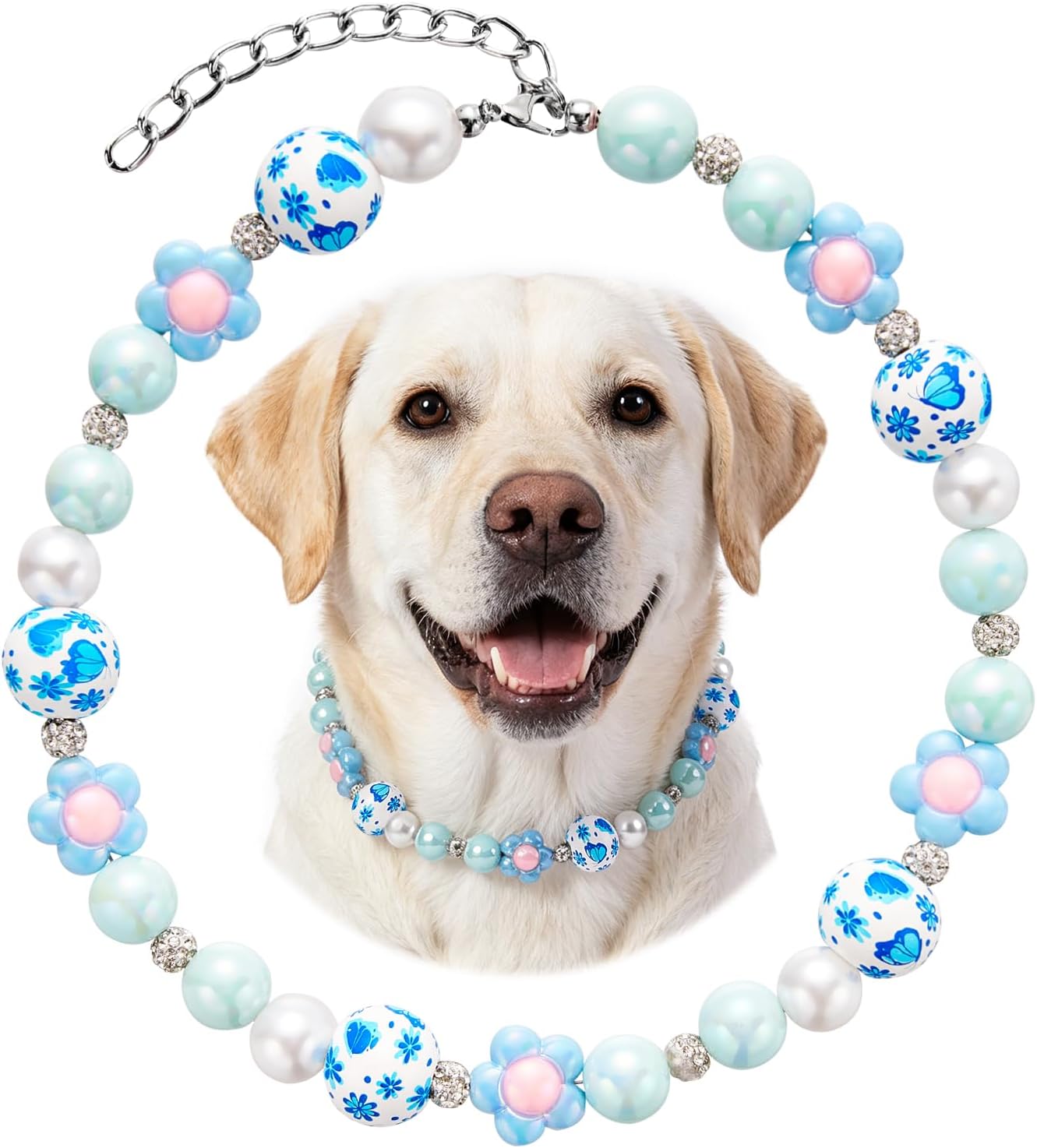 Pink flower beaded dog collar packaging view for small female dogs