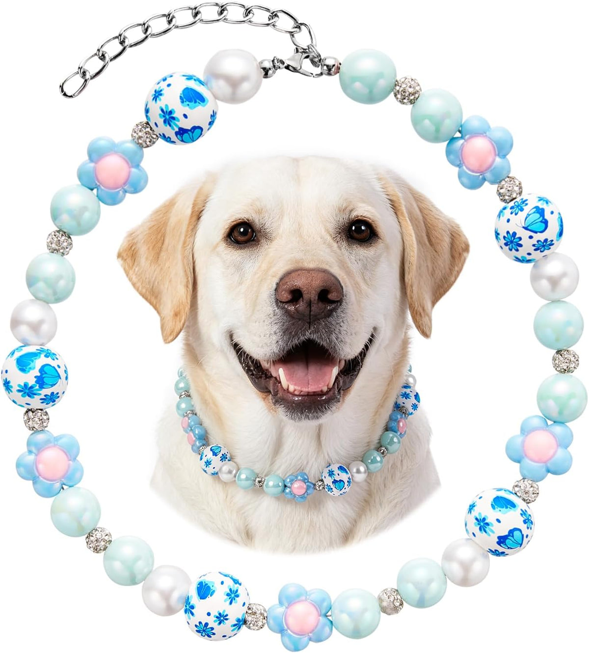 Pink flower beaded dog collar packaging view for small female dogs