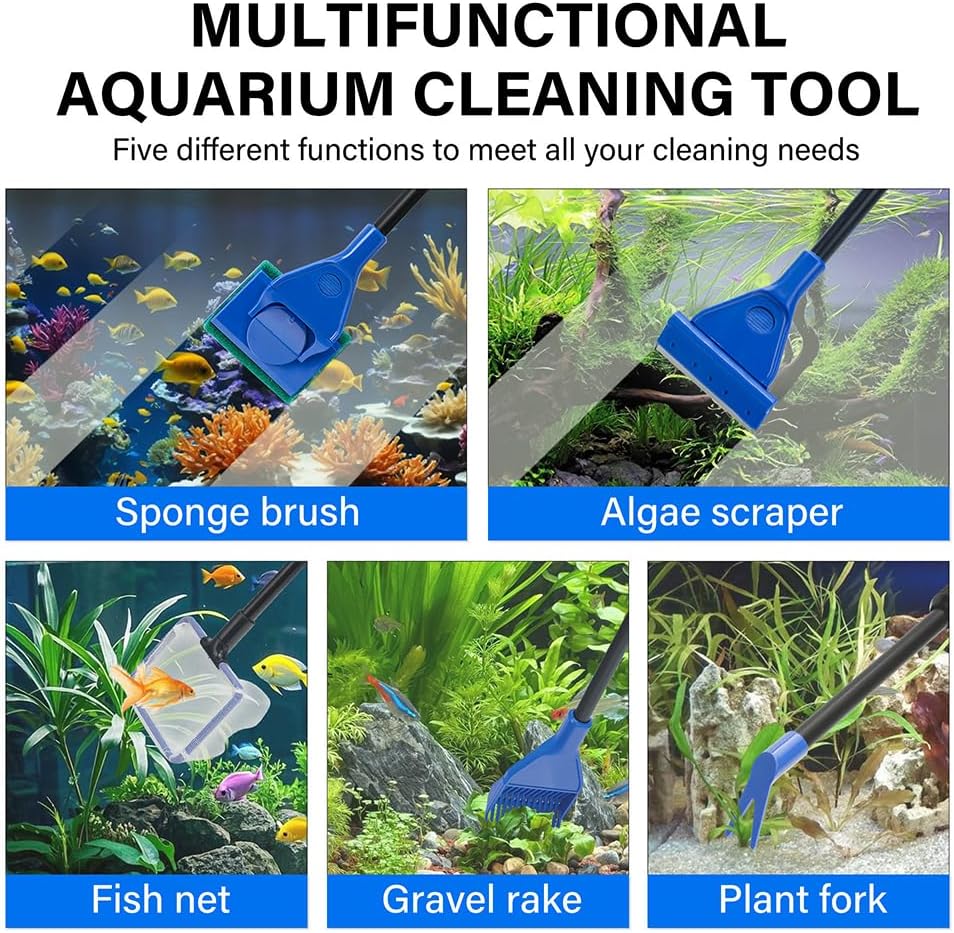 Novique aquarium cleaning tools showcasing five interchangeable maintenance heads layout.