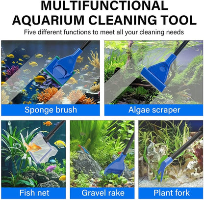 Novique aquarium cleaning tools showcasing five interchangeable maintenance heads layout.