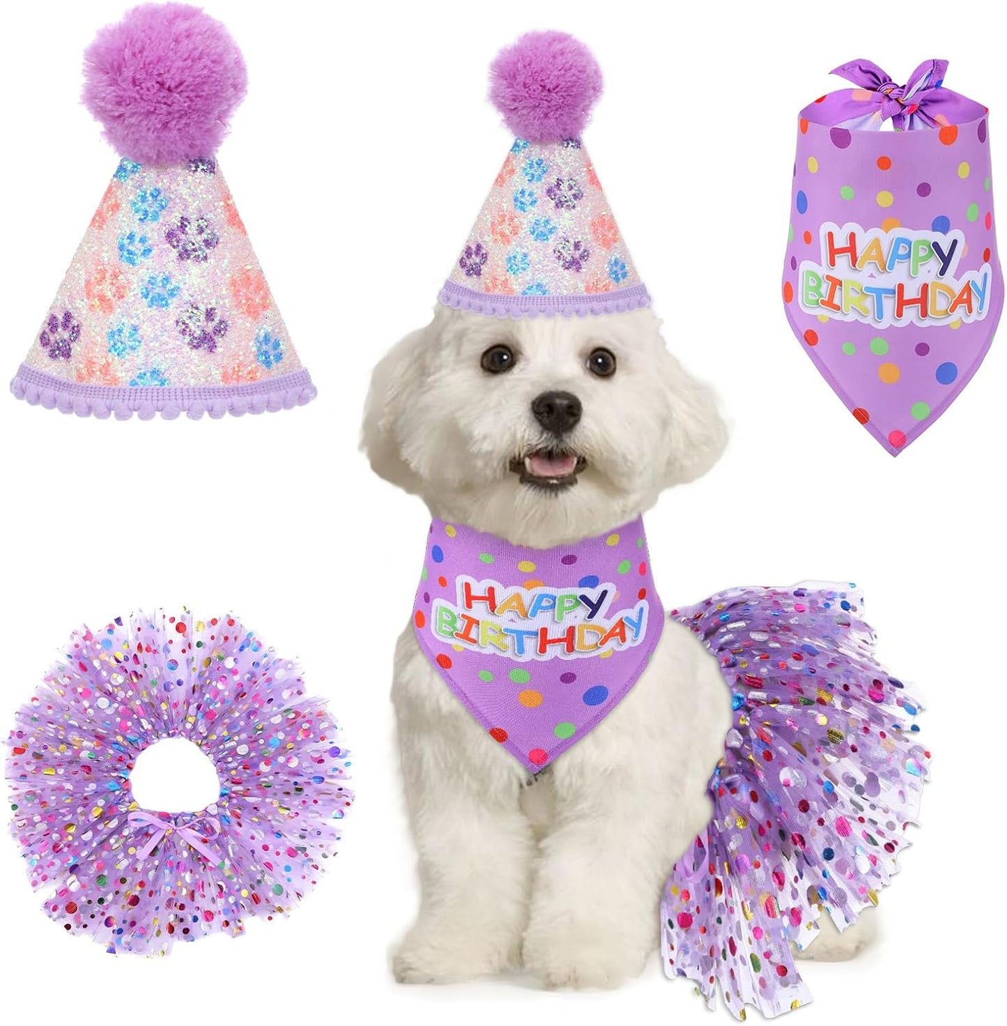 Dog Birthday Bandana with Hat and Dress Girl Set Puppy Birthday Party Supplies Cute Tutu Skirt Outfit for Small Medium Large Dogs Decorations(Purple) - Image 11