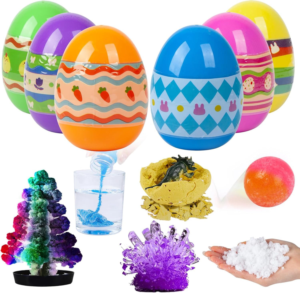 POATROZON 6 Pieces Easter Eggs Science Experiments front view showing six colorful prefilled plastic eggs.
