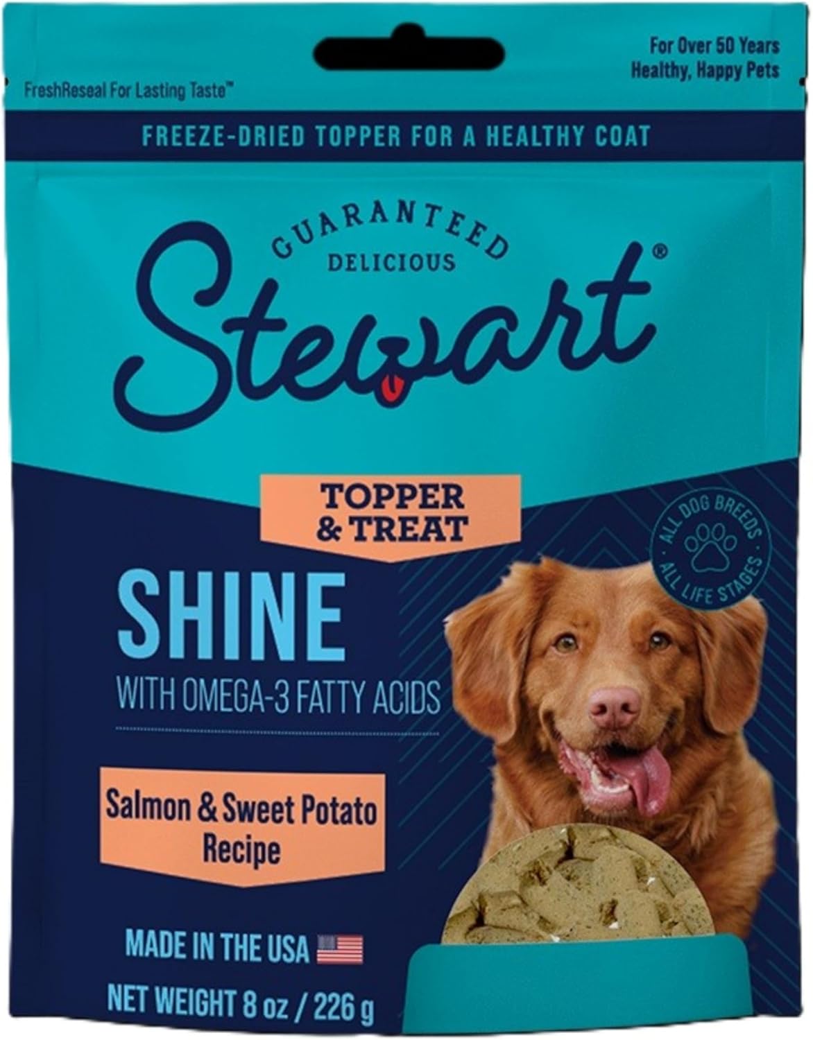 Back label of Stewart premium dog food topper with feeding guidelines and directions