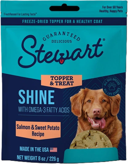 Back label of Stewart premium dog food topper with feeding guidelines and directions