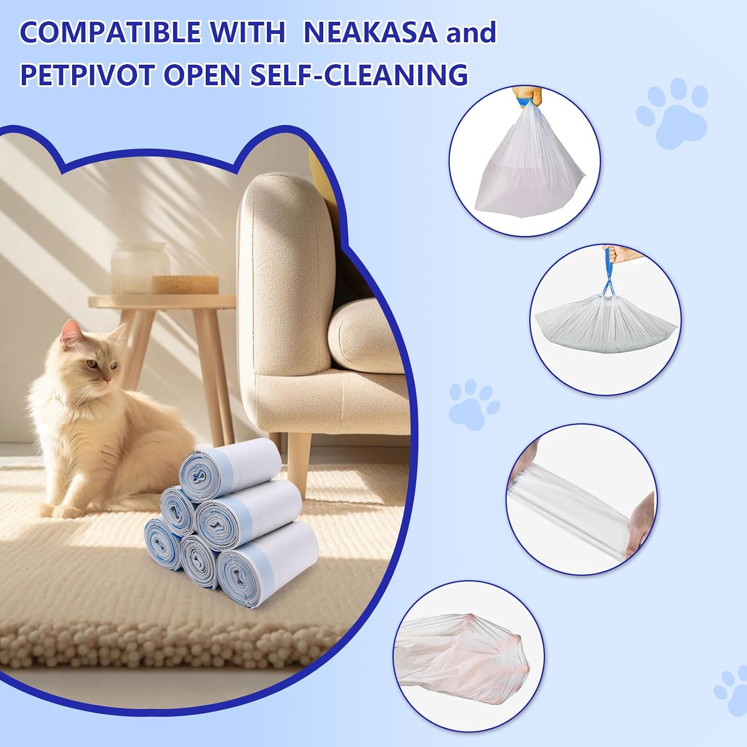 Unscented cat waste drawer liners being pulled open to show large capacity dimension.