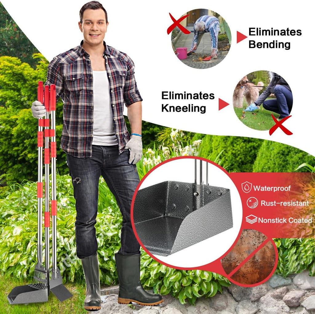 Fusbunty pet waste removal system being used upright to pick up dog poop on green grass.