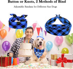 Blue plaid birthday boy triangle pet scarf showing the adjustable button design.