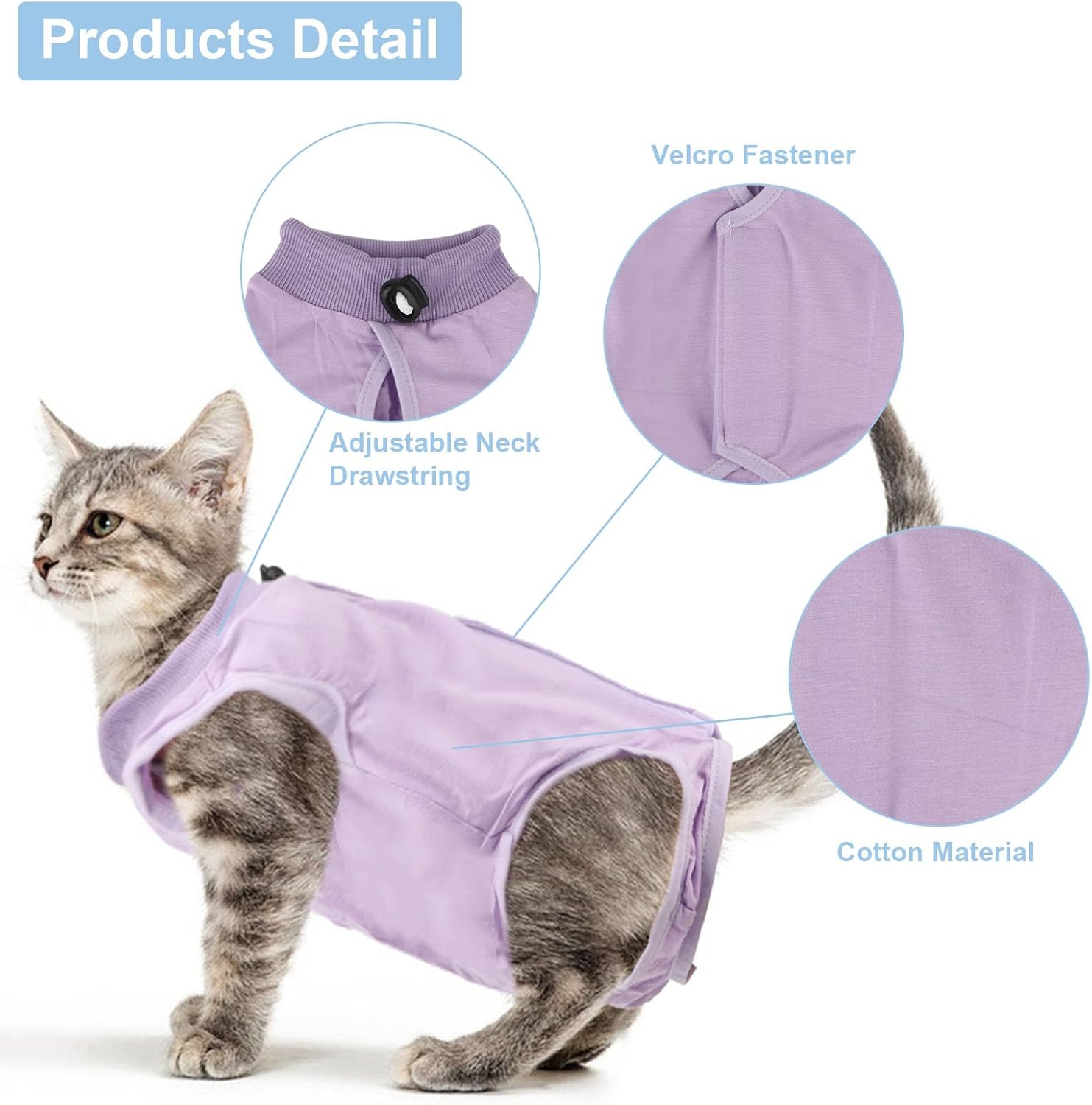 Reshiho cat spay shirt in light purple variant showing the adjustable elastic neck band.