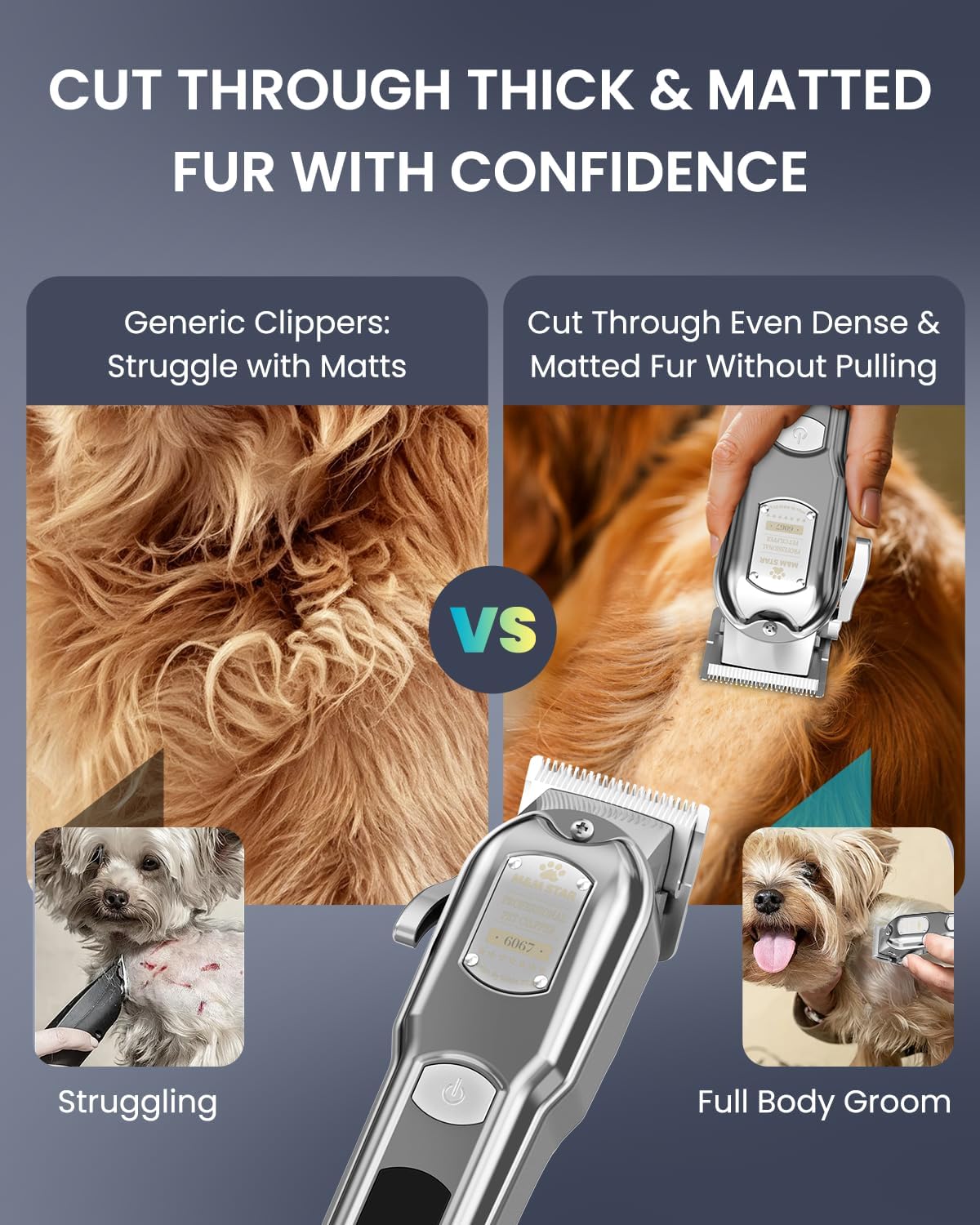 M&M STAR heavy duty dog trimmer being used for thick coat pet grooming.
