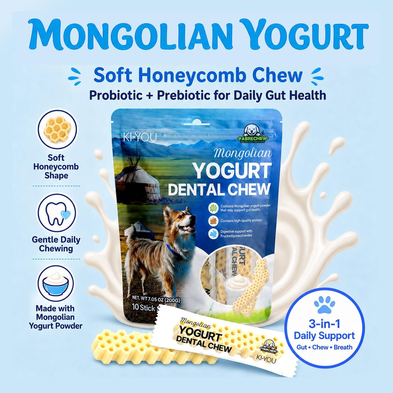 KIYOU Mongolian Yogurt for Dogs - Probiotic & Prebiotic Rich for Gut Health, Soft Honeycomb Shape for Gentle Dental Care, and Sensitive Gums (Chew - Long Type) - Image 9