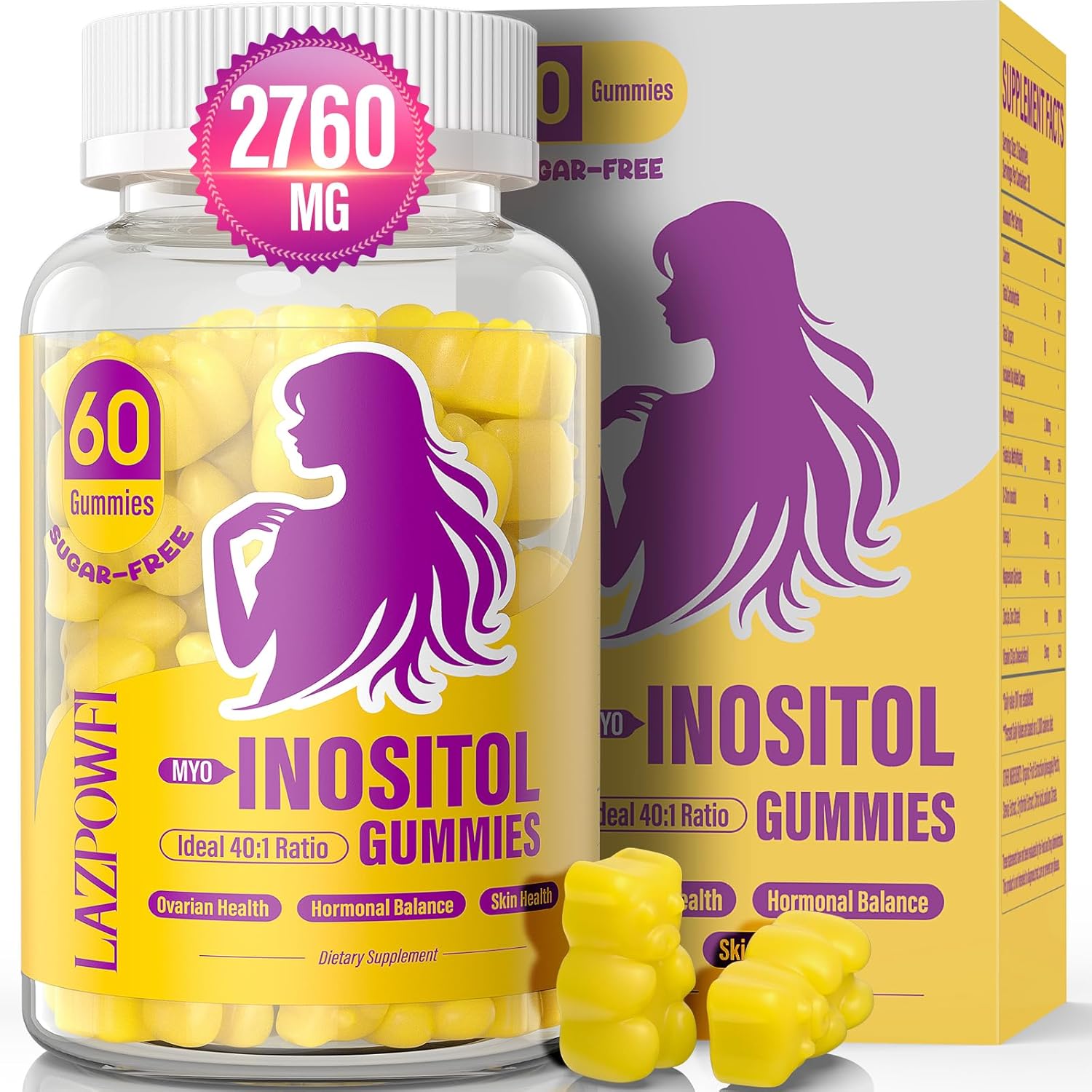 Lazpowfi Myo-Inositol and D-Chiro Inositol Gummies front bottle view for hormonal balance.