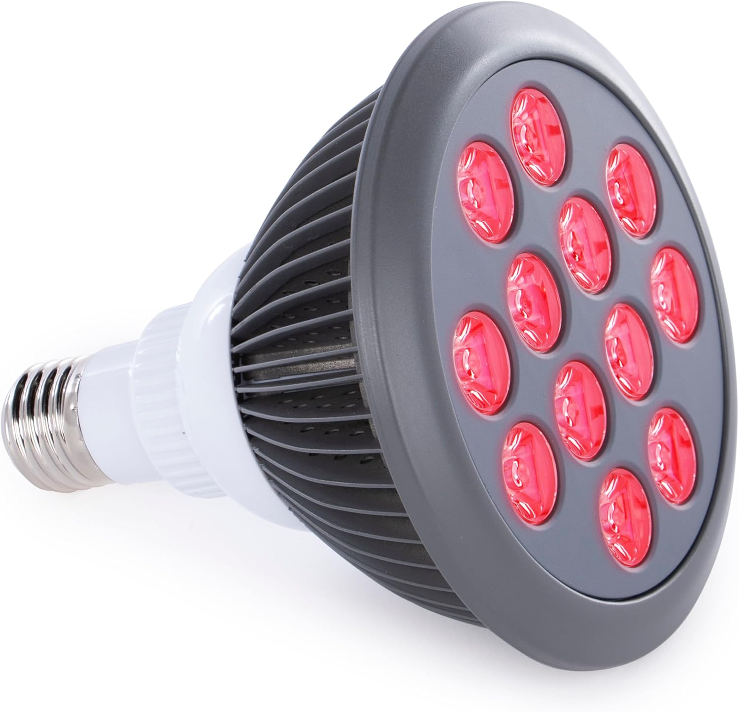Hooga red light therapy bulb front view showing twelve dual chip LEDs for targeted home skincare treatments.