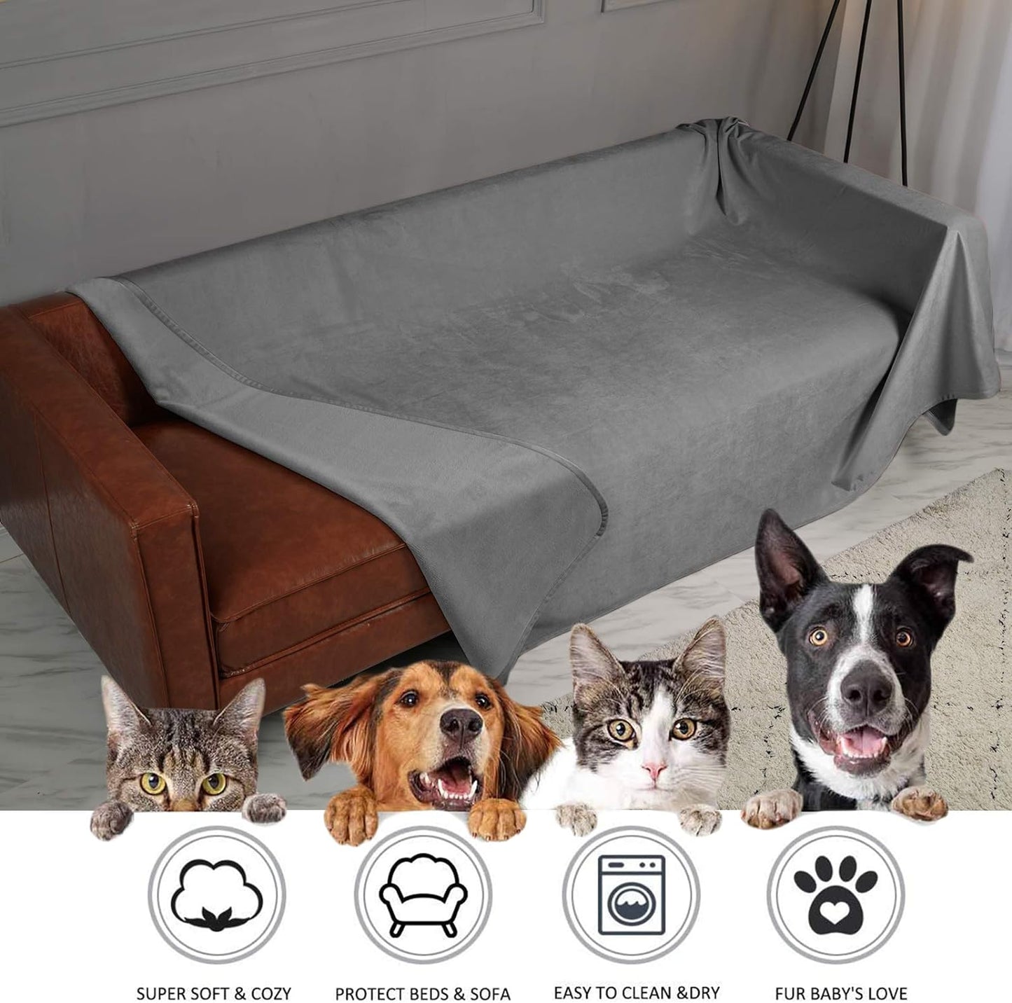 Ameritex dog blanket covering a living room couch to prevent stains.
