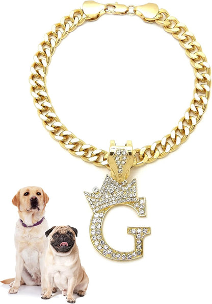 Rhinestone Studded Initial Pendant 18" Cuban Chain Fashion Costume Jewelry Necklace for Dogs Cats in Gold Rhodium Tone (Rhodium - R) - Image 15