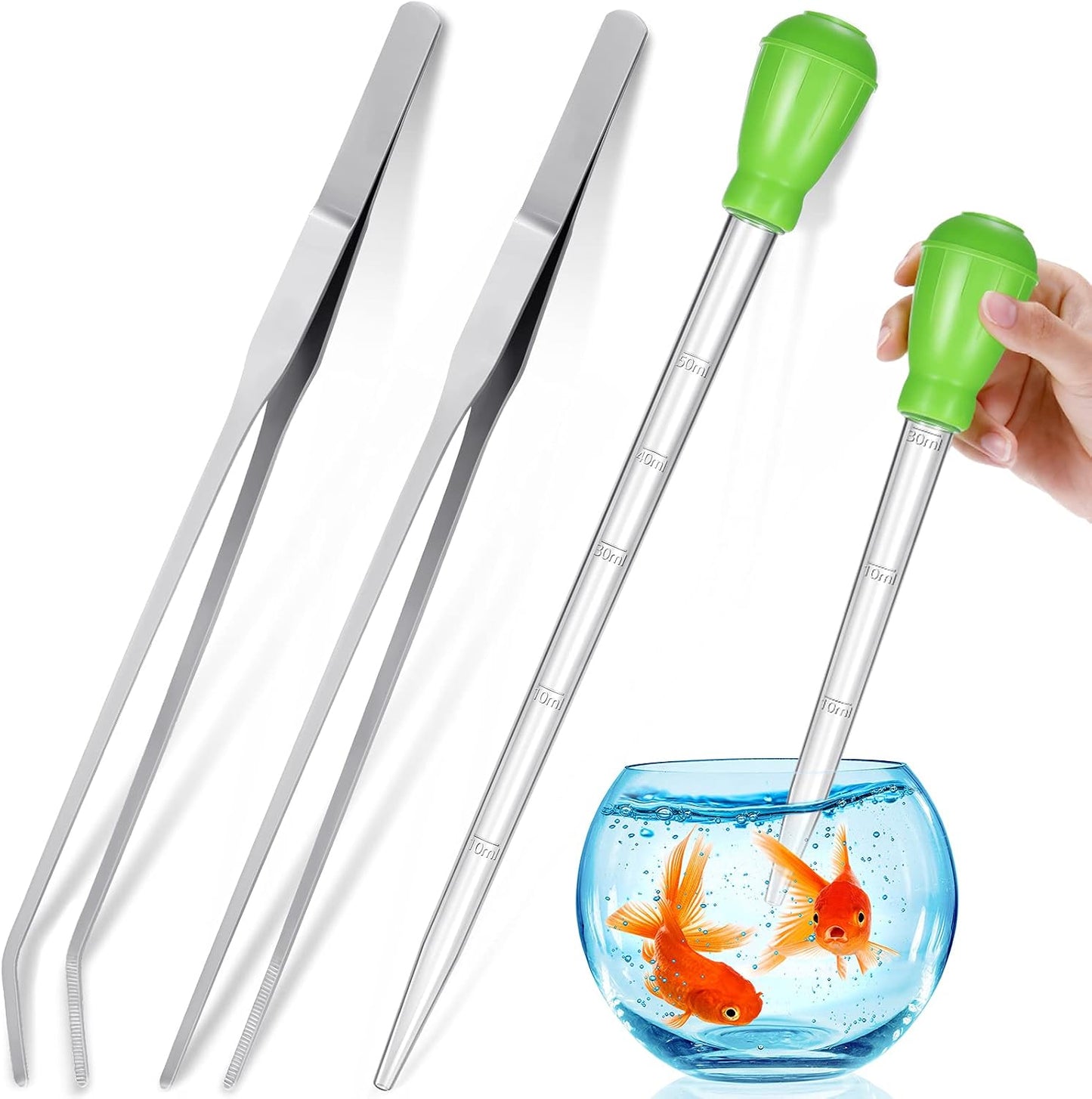 Complete Weewooday aquarium maintenance set illustrating non slip grip tweezers and safe plastic liquid dispensers.