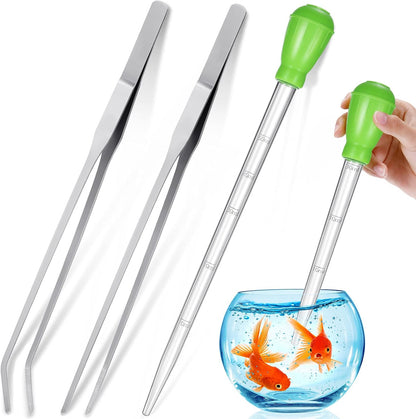 Complete Weewooday aquarium maintenance set illustrating non slip grip tweezers and safe plastic liquid dispensers.