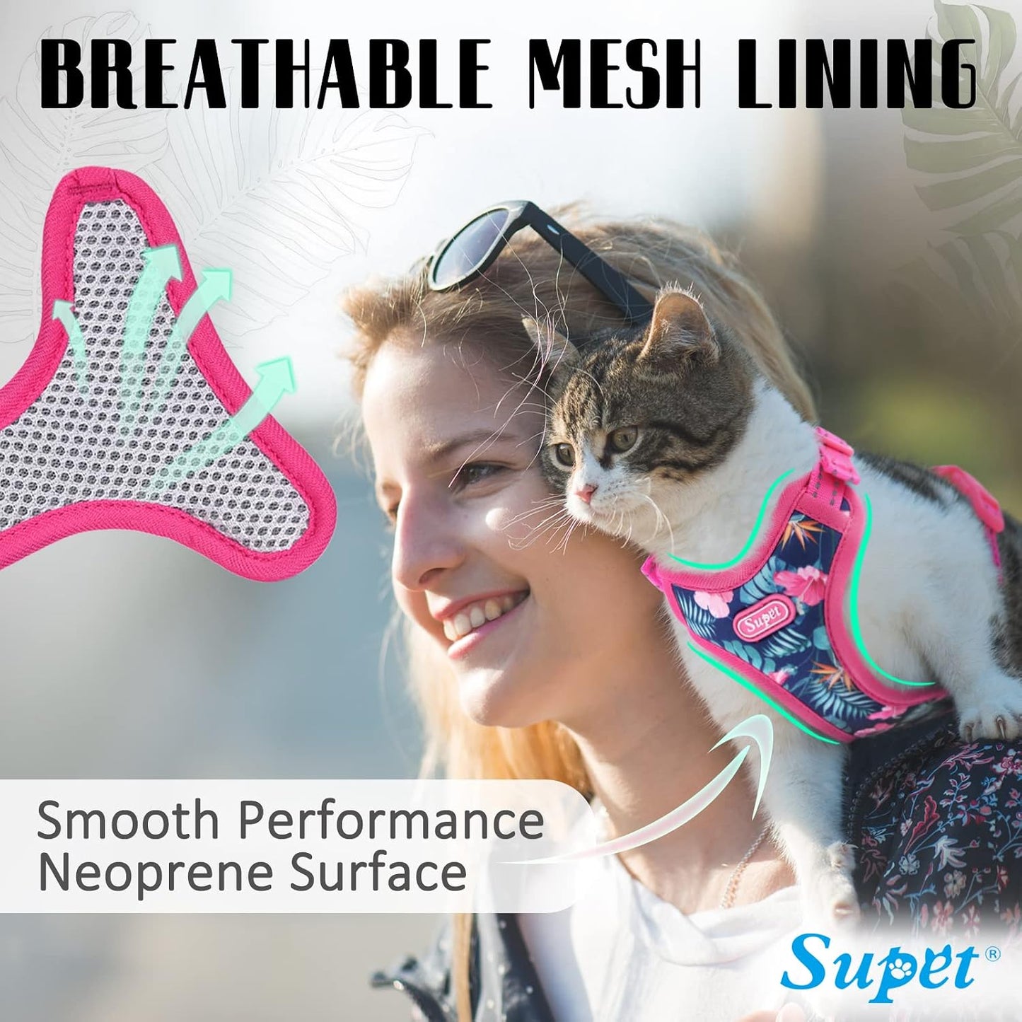 Reflective trim cat harness set for safe nighttime walking