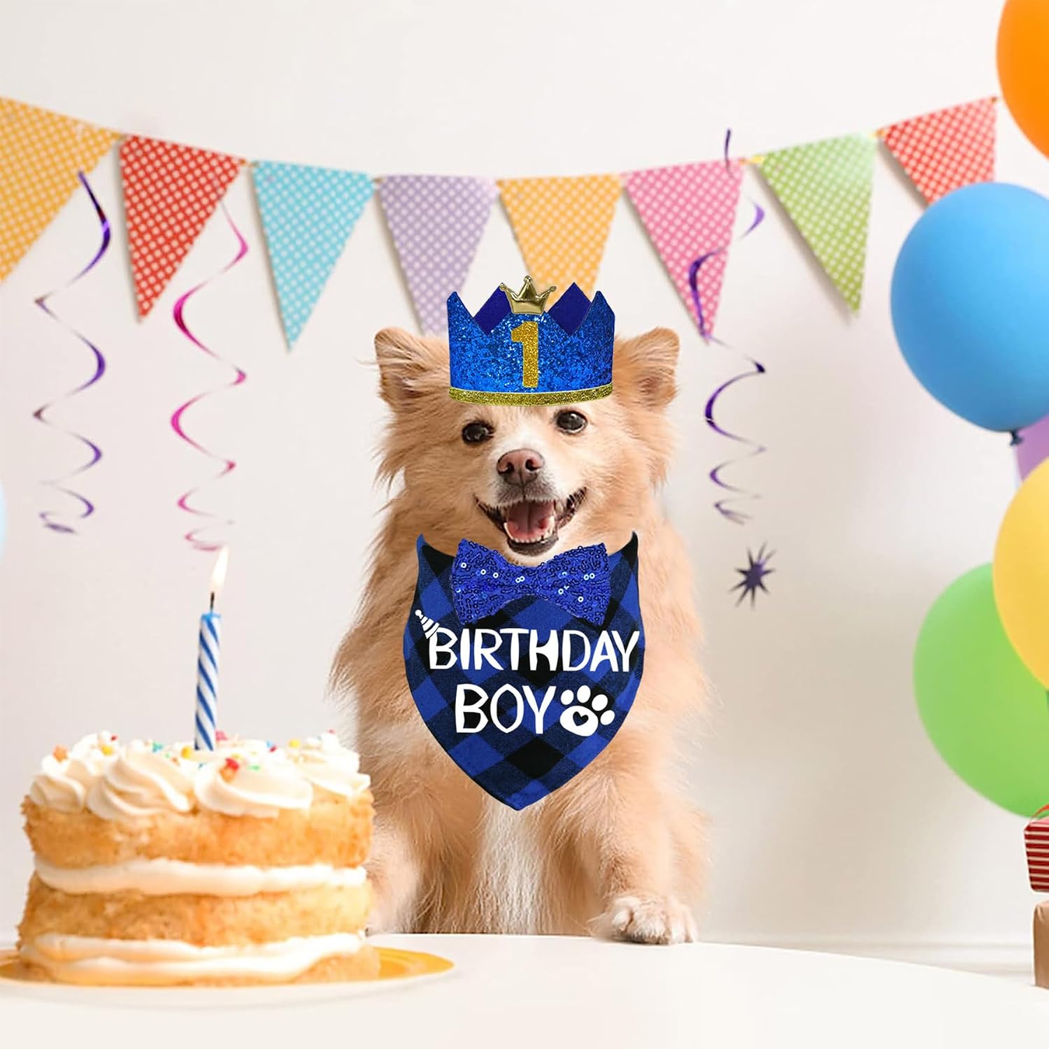 Close up of customizable blue glitter dog birthday hat with gold numbers.