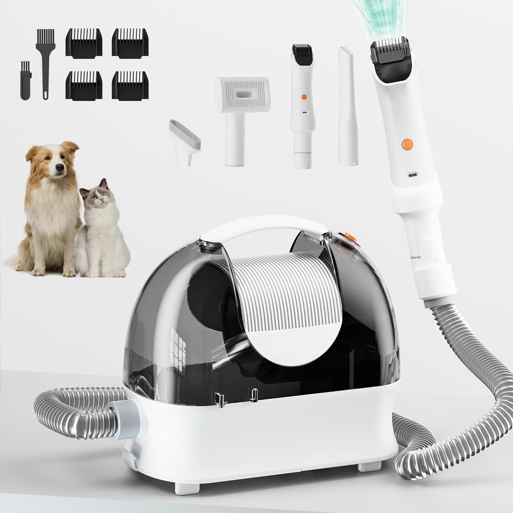 SpeedBoost Pet Grooming Kit front view showcasing the white vacuum unit and main attachments.