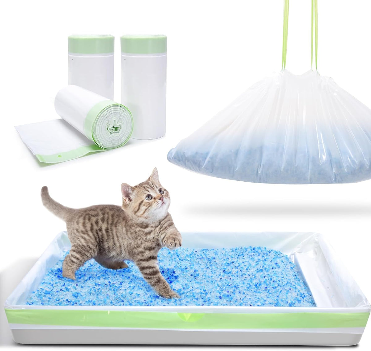 Step-by-step installation of PETOCAT drawstring liner in a cat litter pan