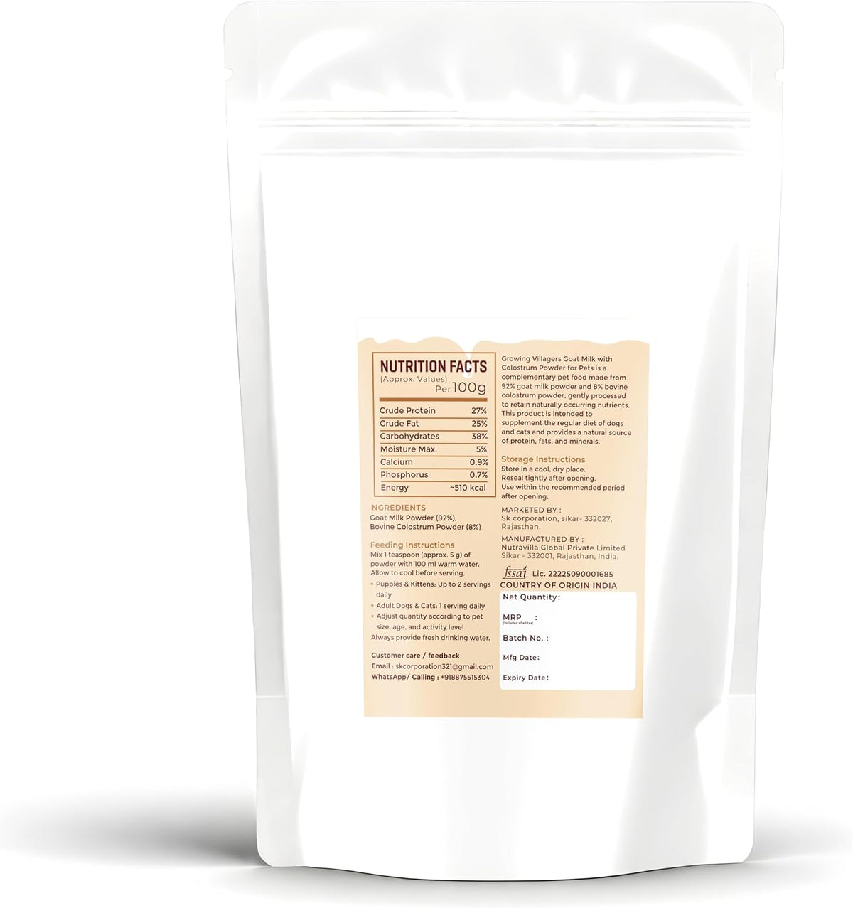 Fanci Flair premium pet milk powder nutritional information and back label details for dogs and cats