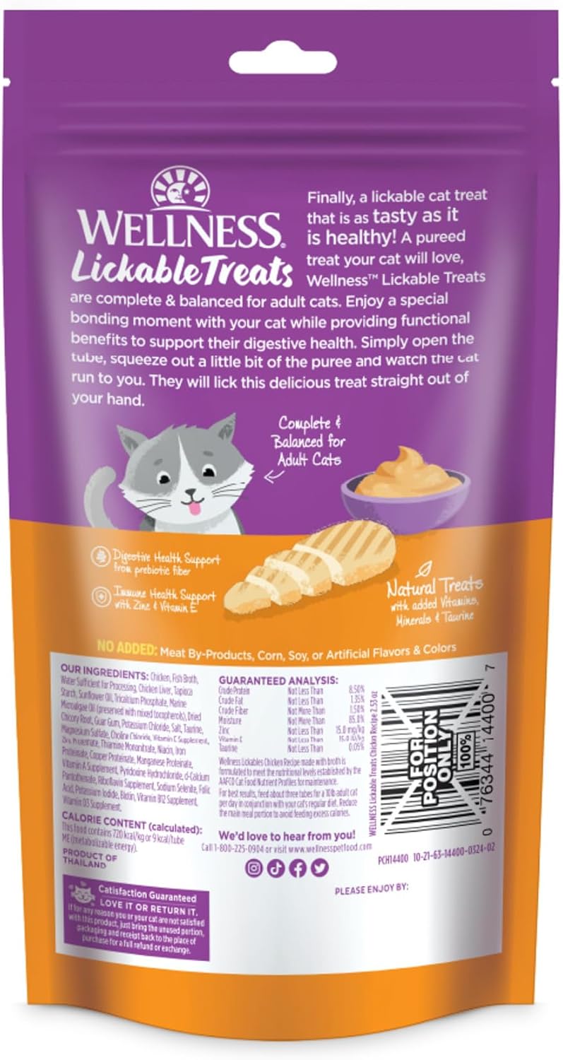 Wellness Lickable Soft Puree Cat Treats, All Lifestages, Kitten to Senior, Natural, Grain Free, Chicken Flavor, 0.4 oz, Pack of 6 Tubes - Image 9