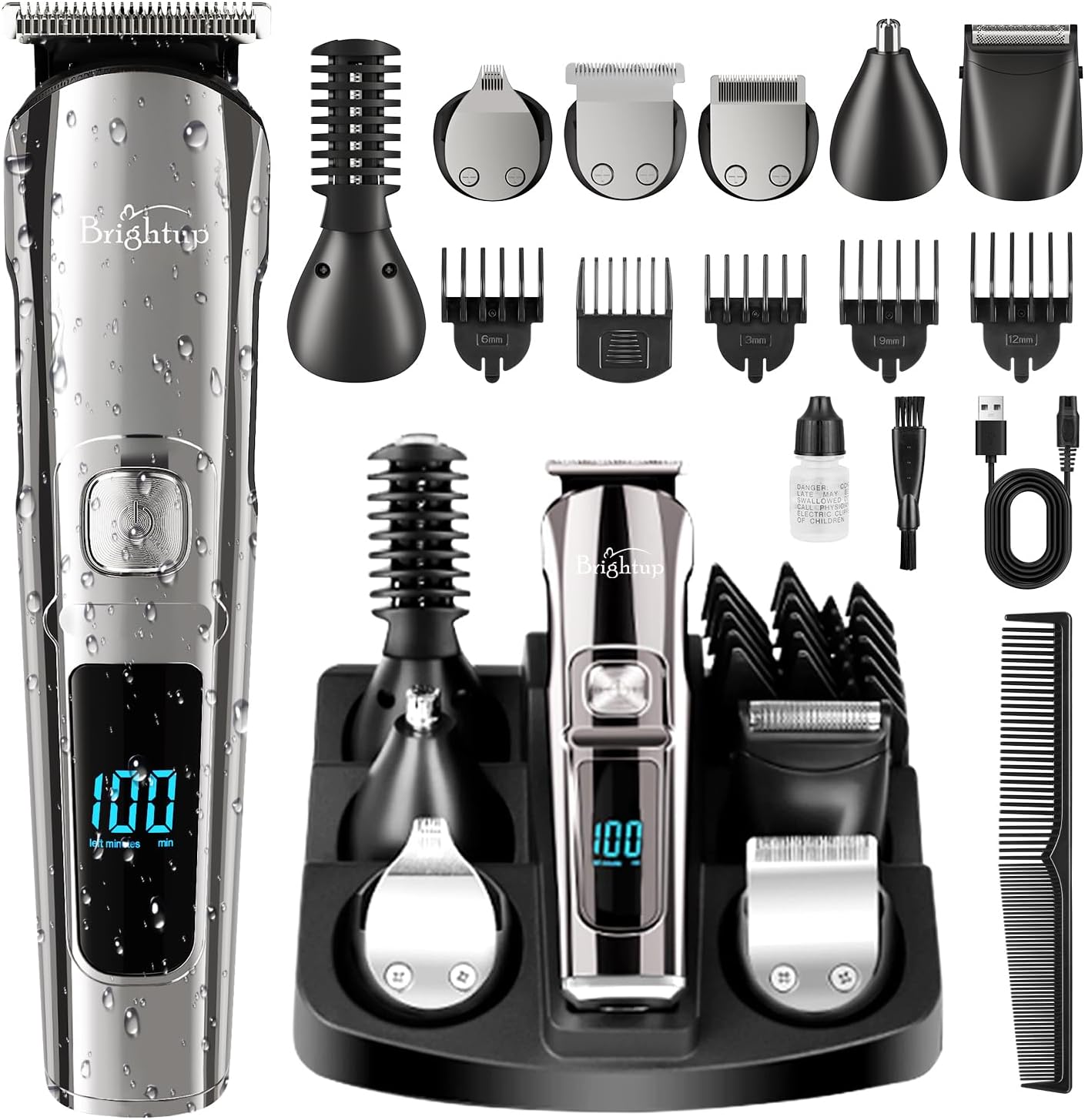 Brightup All In One Cordless Beard Trimmer front view with LED digital display activated.