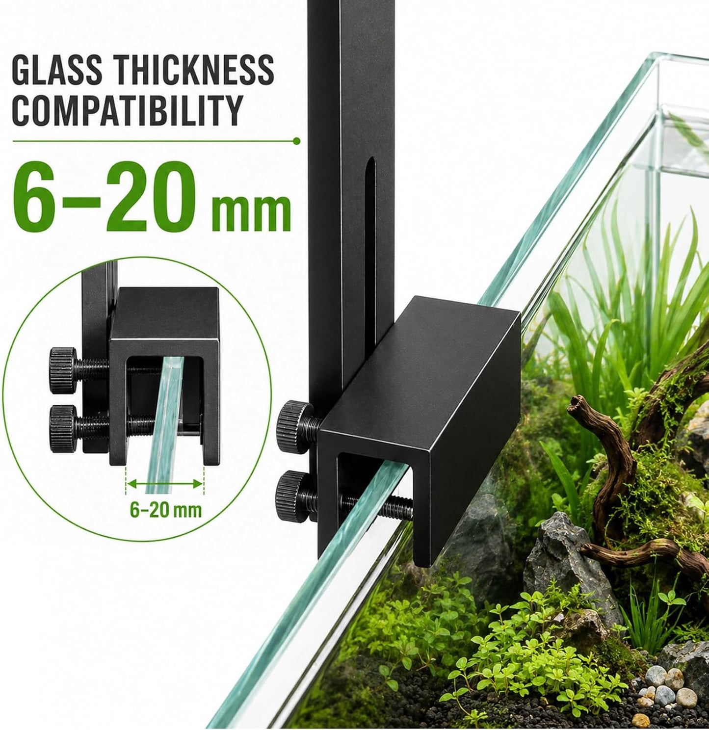 FZONE AXON lighting hanger displaying the front to back positioning arm over a planted aquarium.
