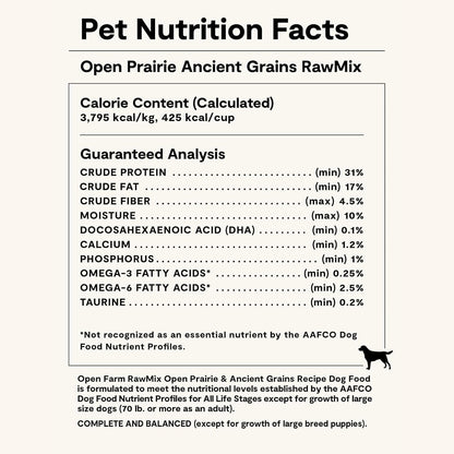 Open Farm ancient grains dog food packaging highlight on bone broth coating