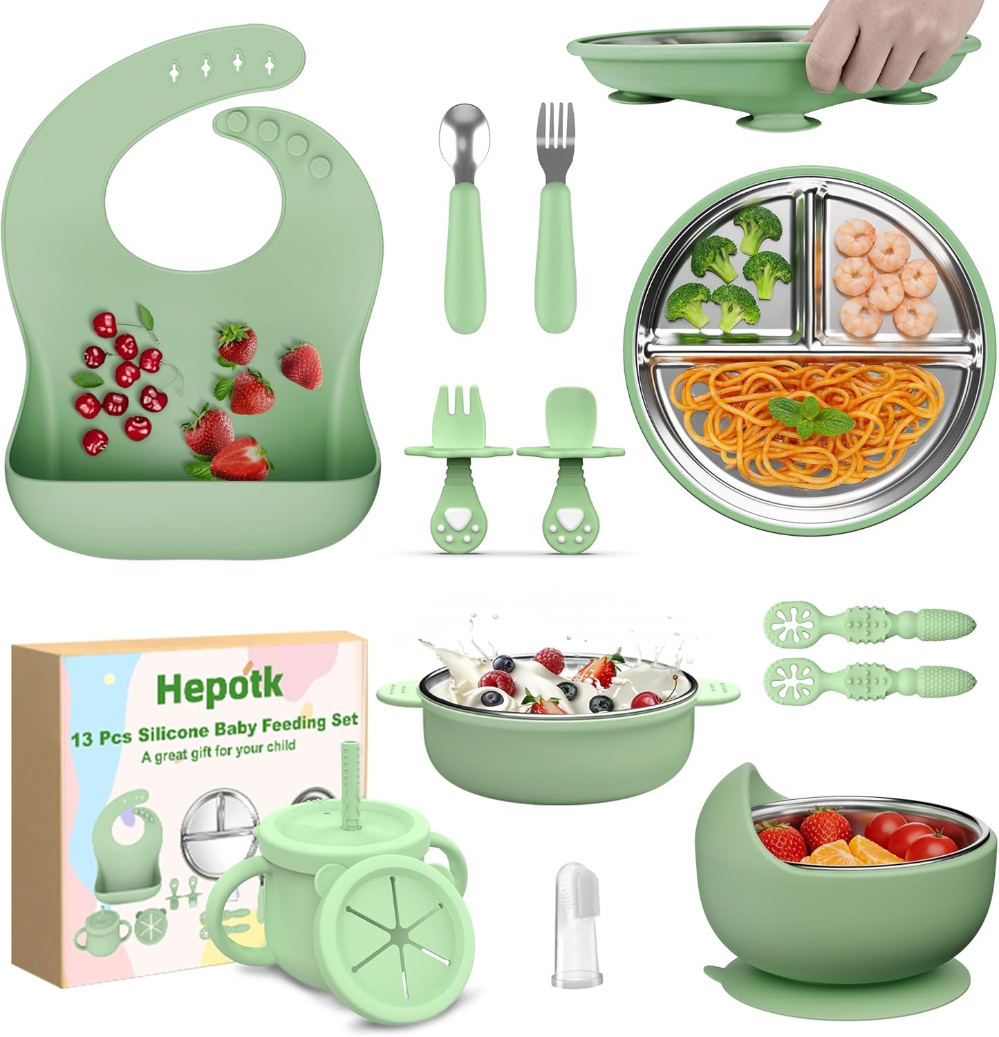 Hepotk 13 pack silicone baby feeding set front view