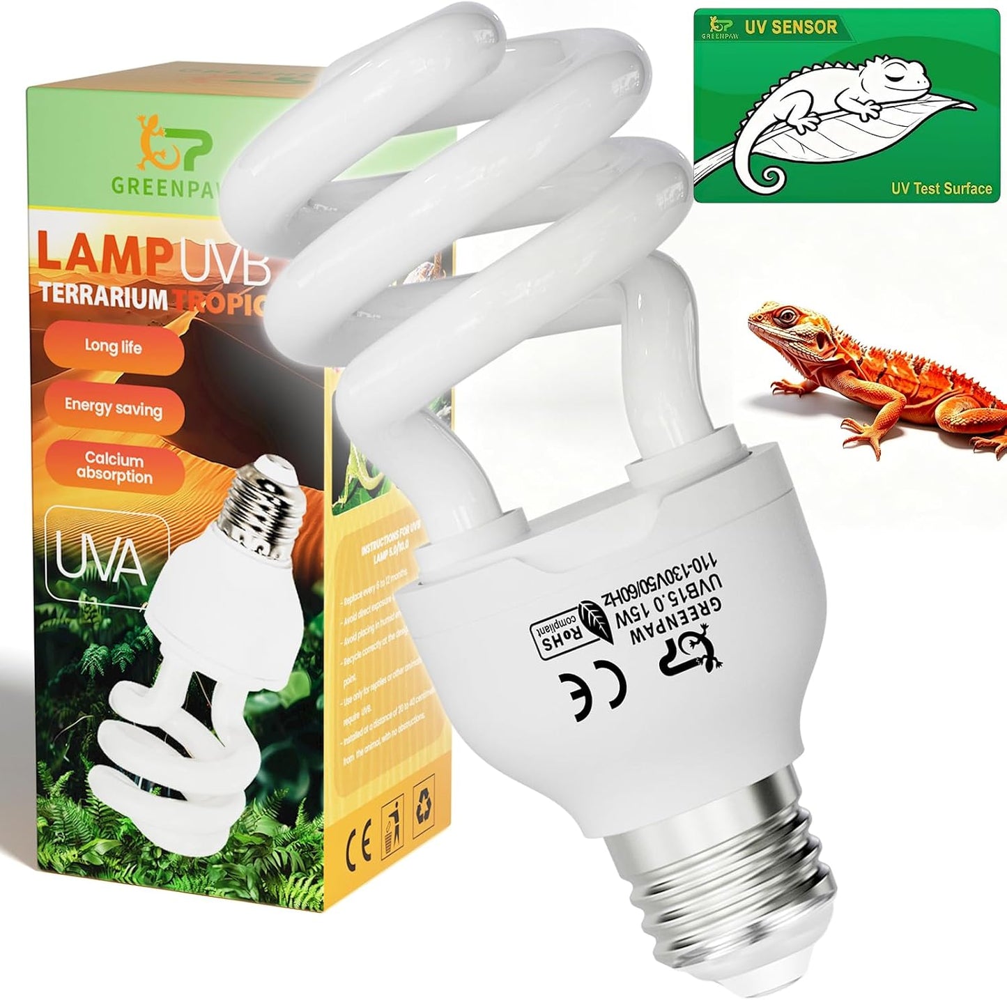 UVB Light for Reptiles 5.0: 15W UVA UVB Reptile Light Bulb 2 Pack, Tropical Reptile UVB Bulb Compact Fluorescent Terrarium Lamp,UVB Light Bulb for Chameleon Turtle Gecko Include UV Sensor Card - Image 13