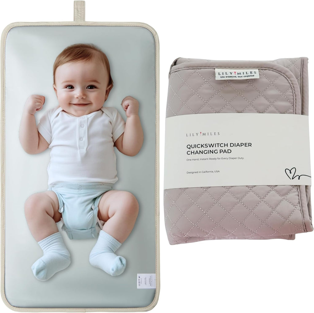 Lily Miles portable diaper changing pad in soft sand color front view