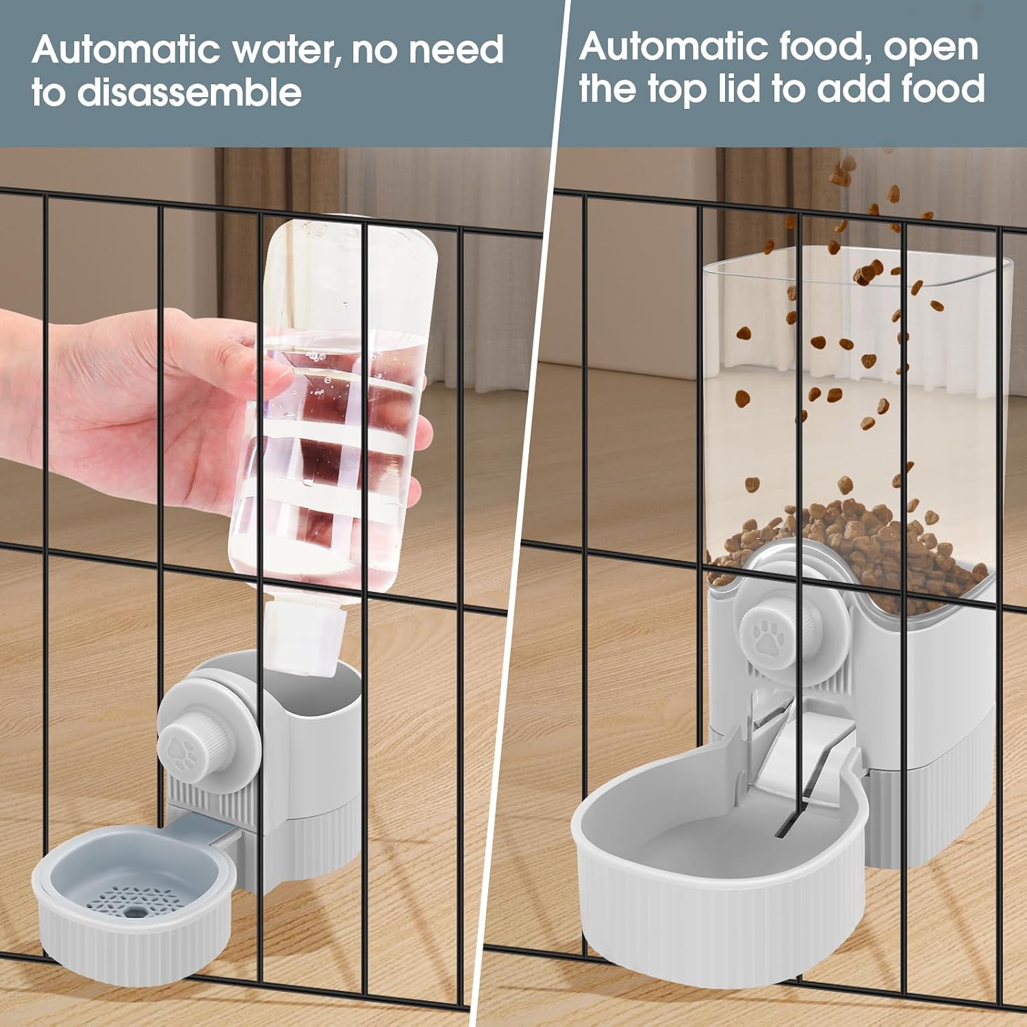 Space-saving cage mounted automatic food bowl for puppies cats and rabbits