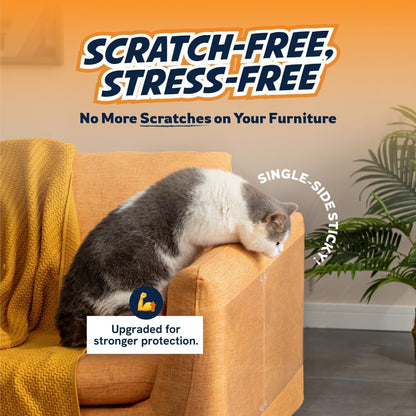 Transparent cat scratch furniture guard applied to a couch arm