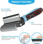 Close-up of the blue ergonomic handle on the Goodscious pet undercoat rake brush.