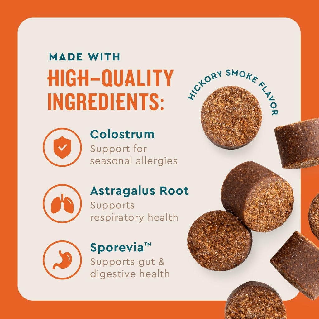Hickory smoke flavored dog allergy chews by VetIQ highlighting Sporevia probiotics for gut health