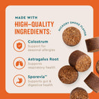 Hickory smoke flavored dog allergy chews by VetIQ highlighting Sporevia probiotics for gut health