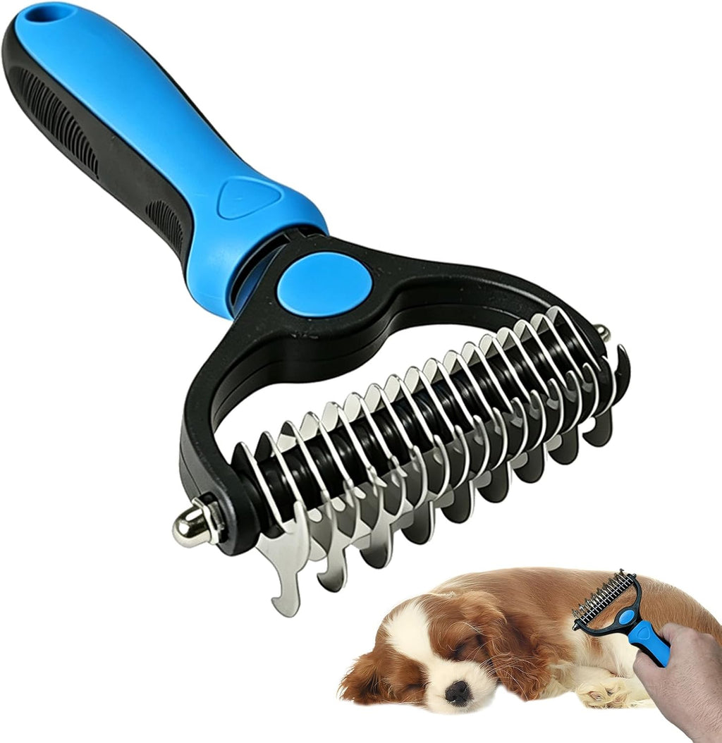 ZHAOLIESM deshedding dog brush front view showing blue double-sided rake head
