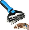 ZHAOLIESM deshedding dog brush front view showing blue double-sided rake head