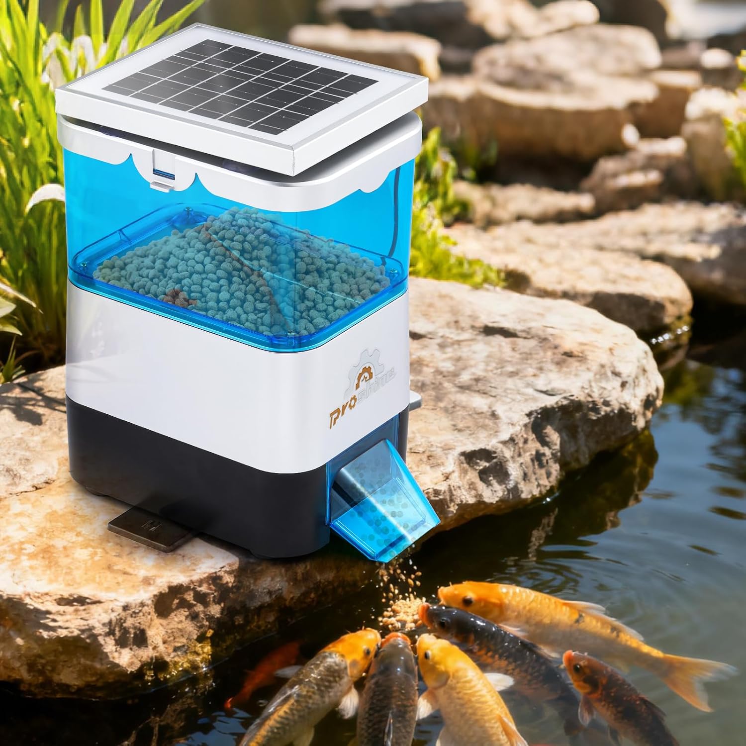 Proshine automatic fish feeder front view showcasing solar panel and digital timer.