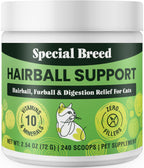Compact 1.27 ounce jar of Special Breed Hairball relief showing 120 scoops serving size