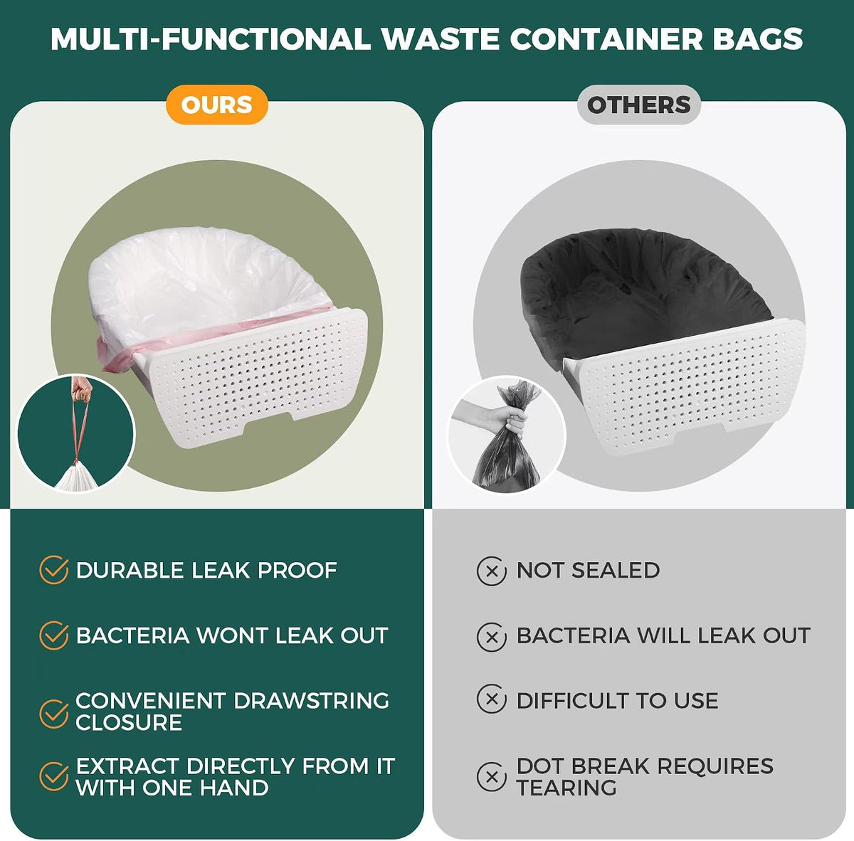 Heavy duty thick waste drawer liner bag being lifted by its drawstring closure.