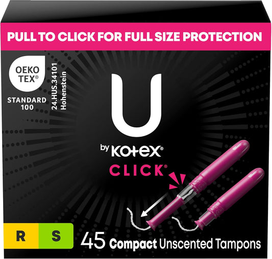 U by Kotex Click Compact Tampons 45 count box front view for leak free protection