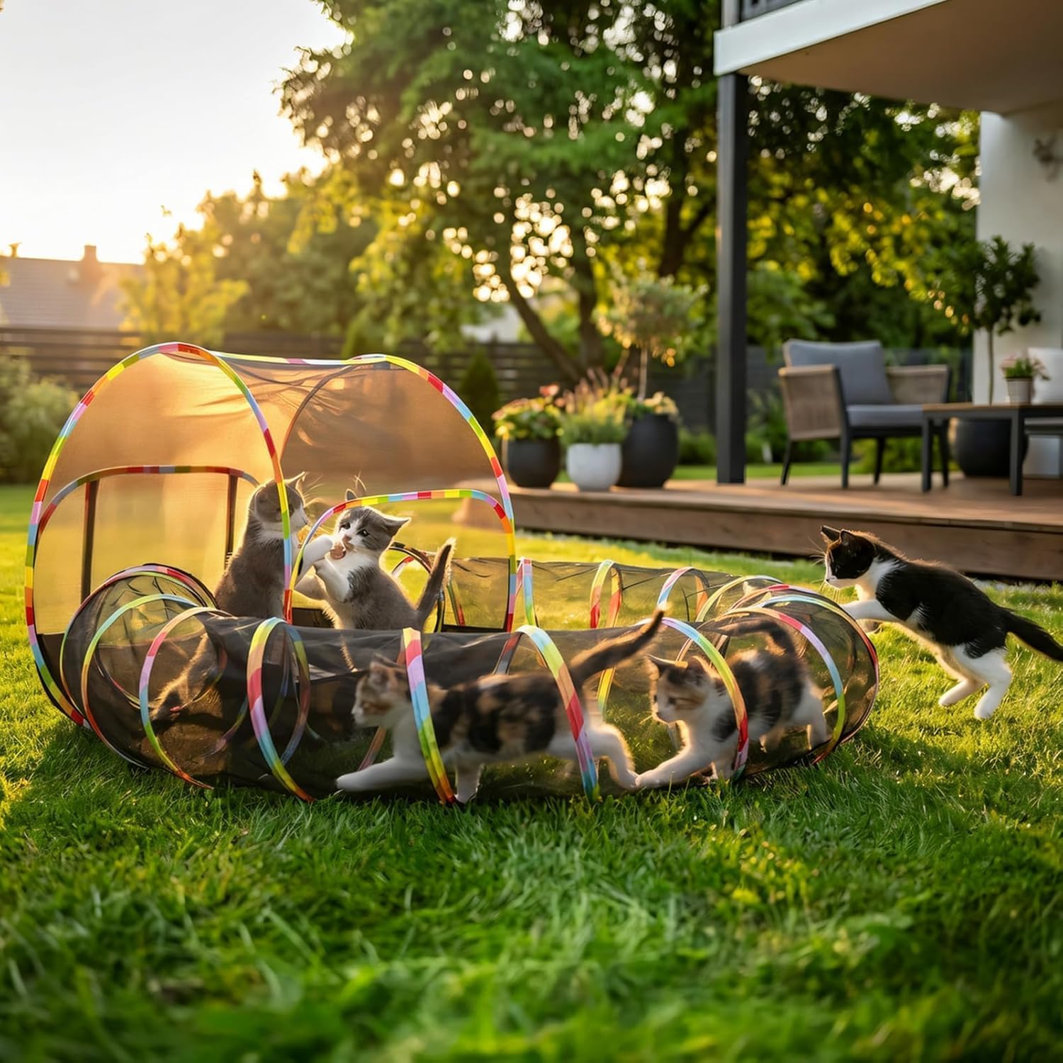 Naielfopet portable catio tunnel attached to the main playpen with a cat playing inside