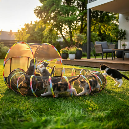 Naielfopet portable catio tunnel attached to the main playpen with a cat playing inside
